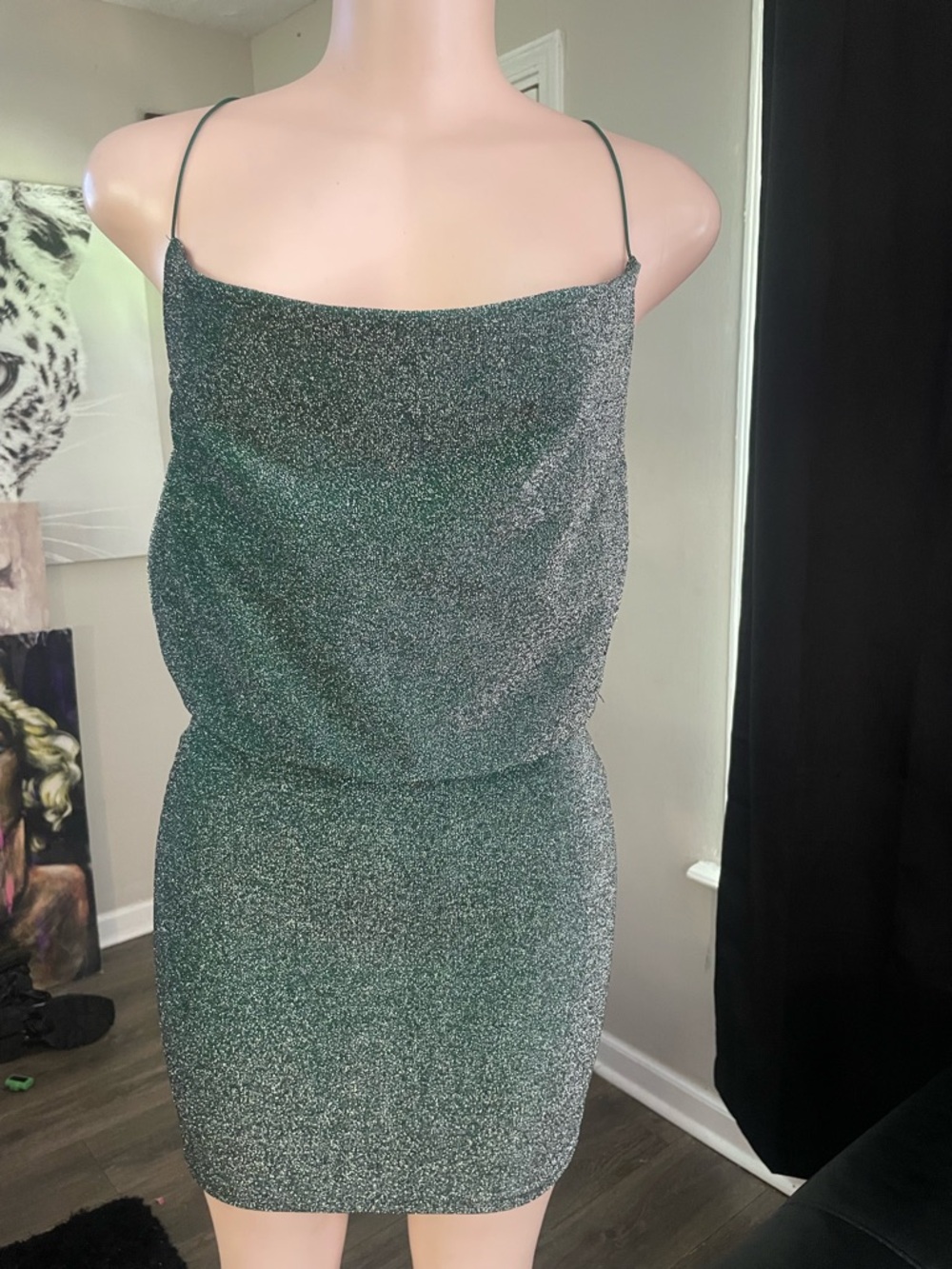 Sparkle glitter Slip Mini Dress in Metallic Green small top detailed stretch